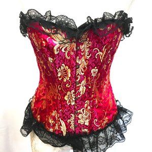 * Corset Top Chinese Oriental Hot Pink Gold Brocade w/ blk lace trim Med & Lrg